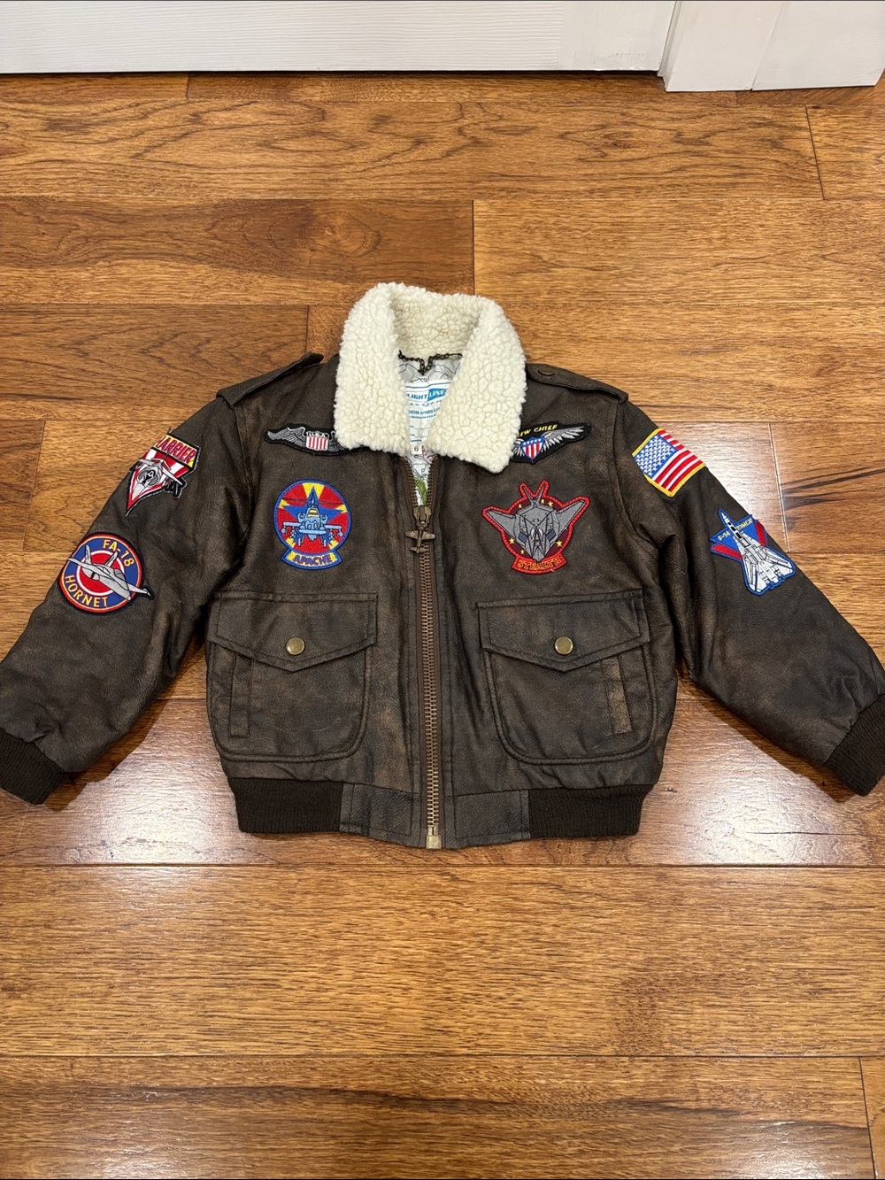 Kids Brown Faux-Leather Aviator Puffer Jacket with Sherpa Collar
